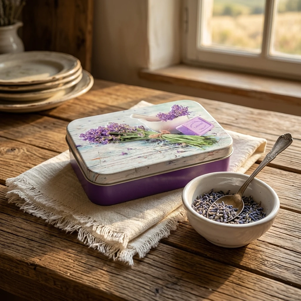 pudełko metalowe pola lawenda do przechowywania mydła marsylskiego Kokliko