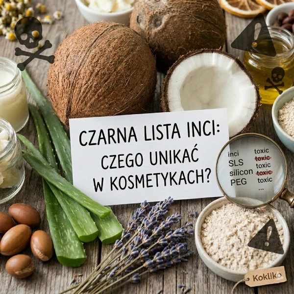 Toksyczne składniki w kosmetykach – czego unikać? (Czarna lista INCI) Zdjęcie przedstawiające naturalne składniki kosmetyczne i lupę wskazującą na toksyczne substancje SLS, Silicon i PEG.